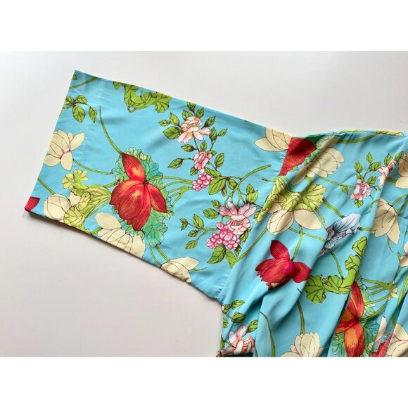 NWOT NATORI Turquoise Blue Floral Matte Satin Kimono Robe, Size M - Picture 7 of 13